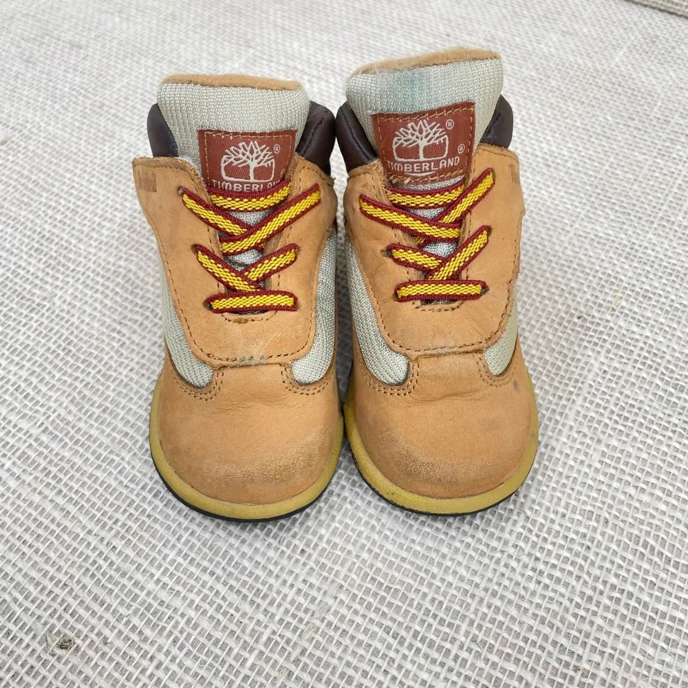 Timberland Infant Baby Boots Tan Leather Lace Up Hook and Loop‎ Sz 4